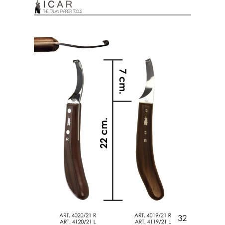 ICAR - Hoof Knife - Straight Blade - Interchangable Blade - Mahogany Handle - Right / Left - 1 pcs