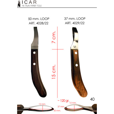 ICAR - Classic Loop Hoof Knife - 37 / 50 mm. Loop - Mahogany Handle - 1 pcs